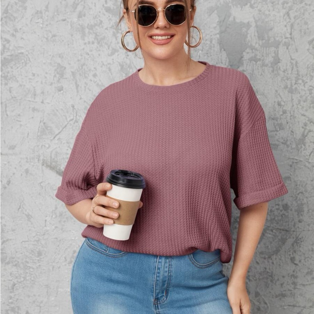 SHEIN Short Sleeve Waffle Knit Top in Mauve